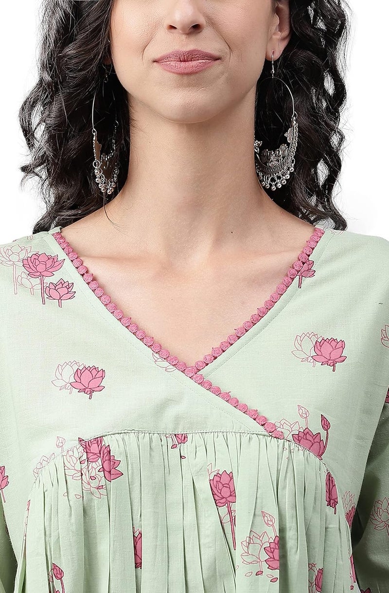 Janasya Women's Light Green Cotton Floral Printed Flared Kurta - Image 3